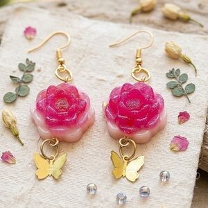 Bright White Pink Gold Foil Infused Flower Butterfly Charm Artison Earrings